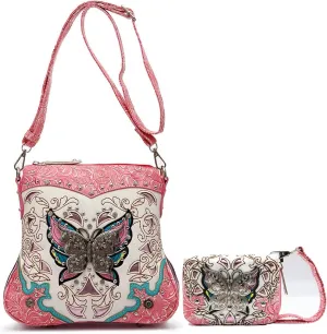 Butterfly Flower Springtime Purse Women Clutch Western CCW Rhinestone Crossbody Handbags With Mini Wallet