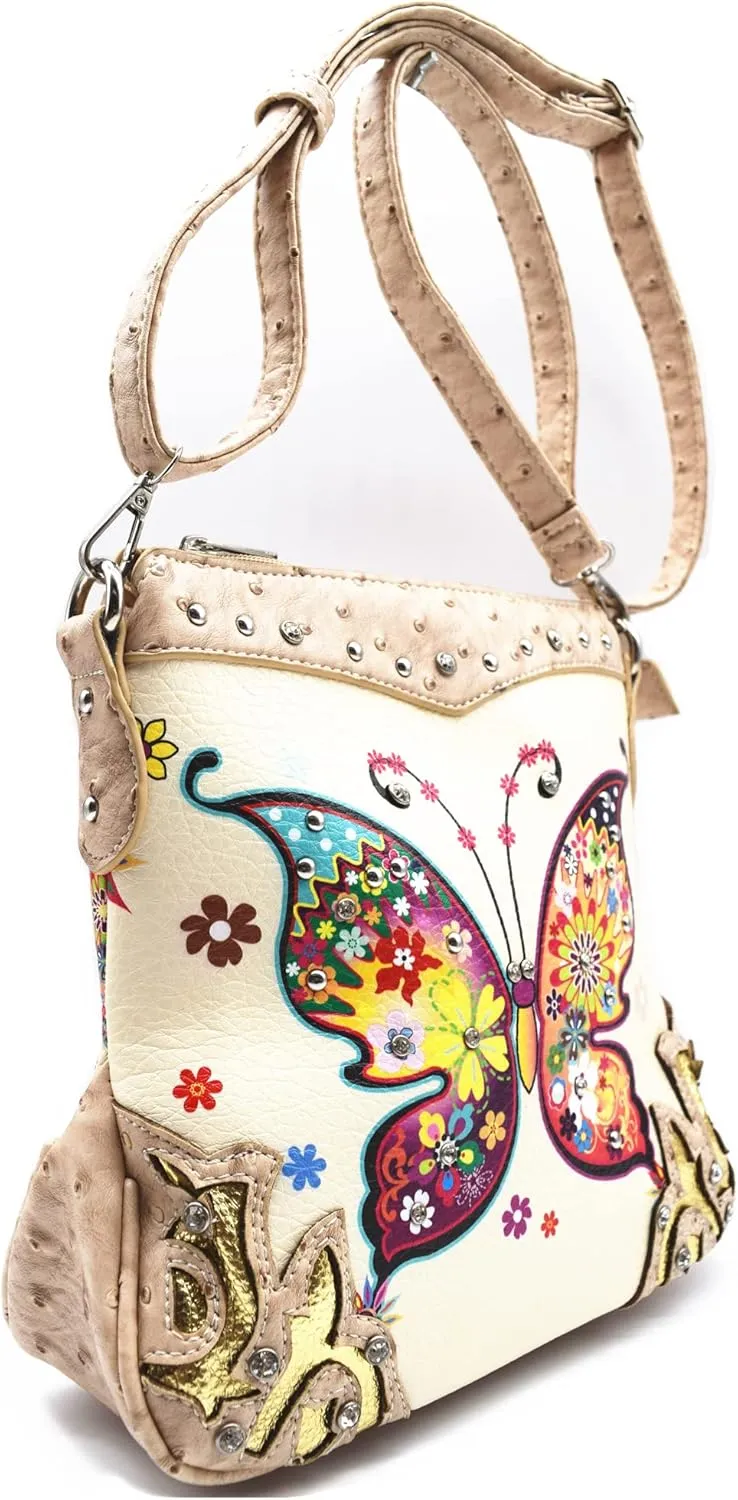 Butterfly Flower Springtime Purse Women Clutch Western CCW Rhinestone Crossbody Handbags With Mini Wallet