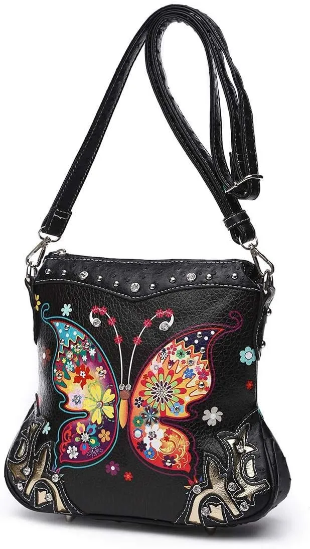 Butterfly Flower Springtime Purse Women Clutch Western CCW Rhinestone Crossbody Handbags With Mini Wallet