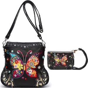 Butterfly Flower Springtime Purse Women Clutch Western CCW Rhinestone Crossbody Handbags With Mini Wallet