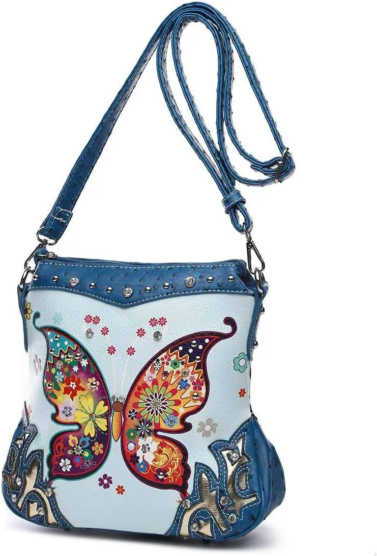 Butterfly Flower Springtime Purse Women Clutch Western CCW Rhinestone Crossbody Handbags With Mini Wallet