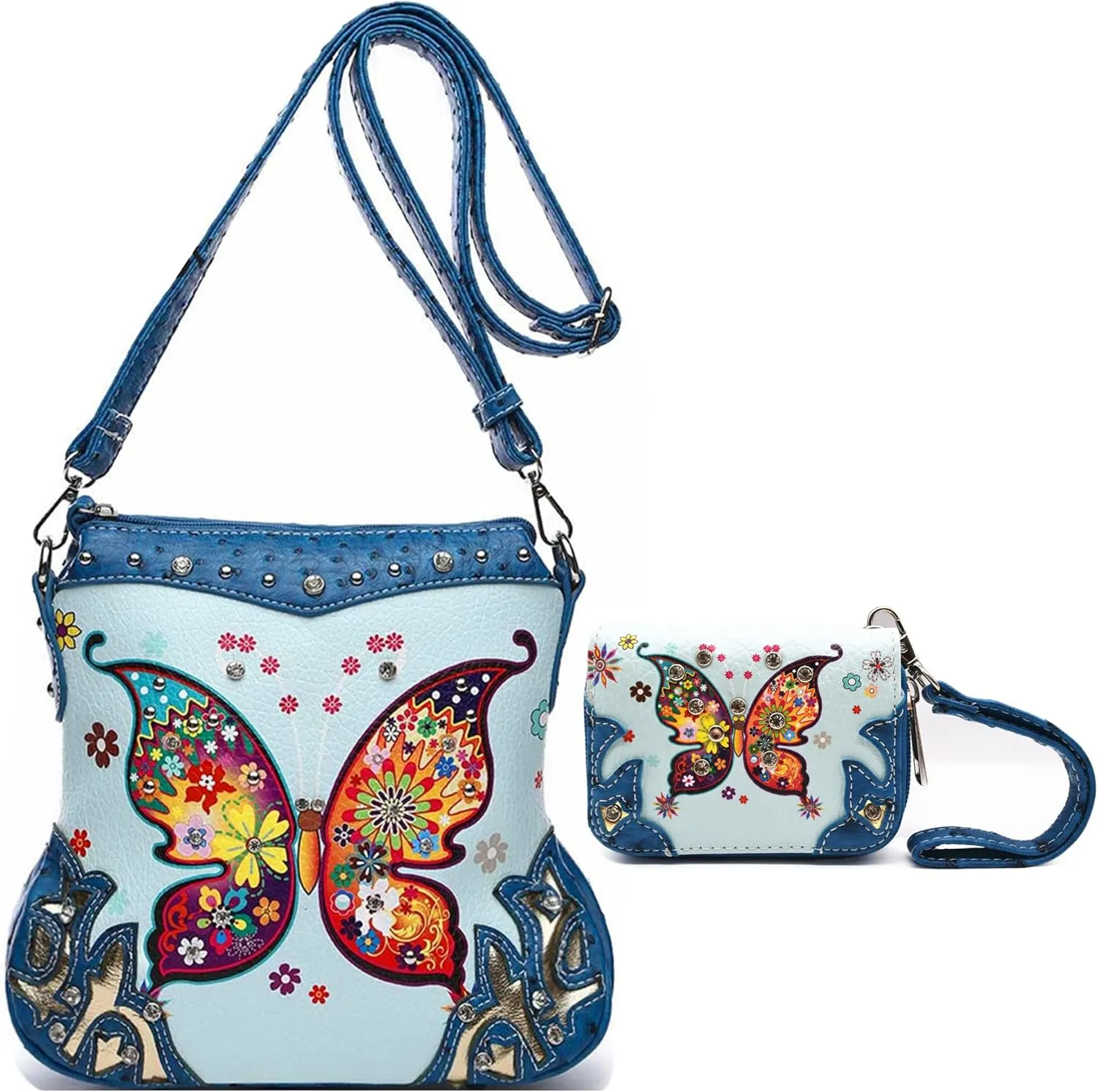 Butterfly Flower Springtime Purse Women Clutch Western CCW Rhinestone Crossbody Handbags With Mini Wallet
