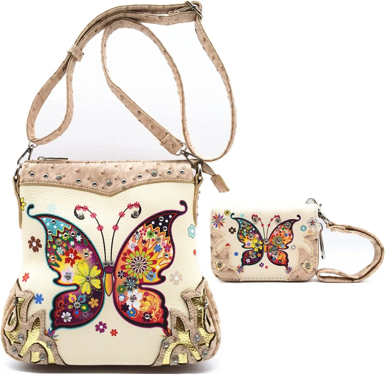 Butterfly Flower Springtime Purse Women Clutch Western CCW Rhinestone Crossbody Handbags With Mini Wallet