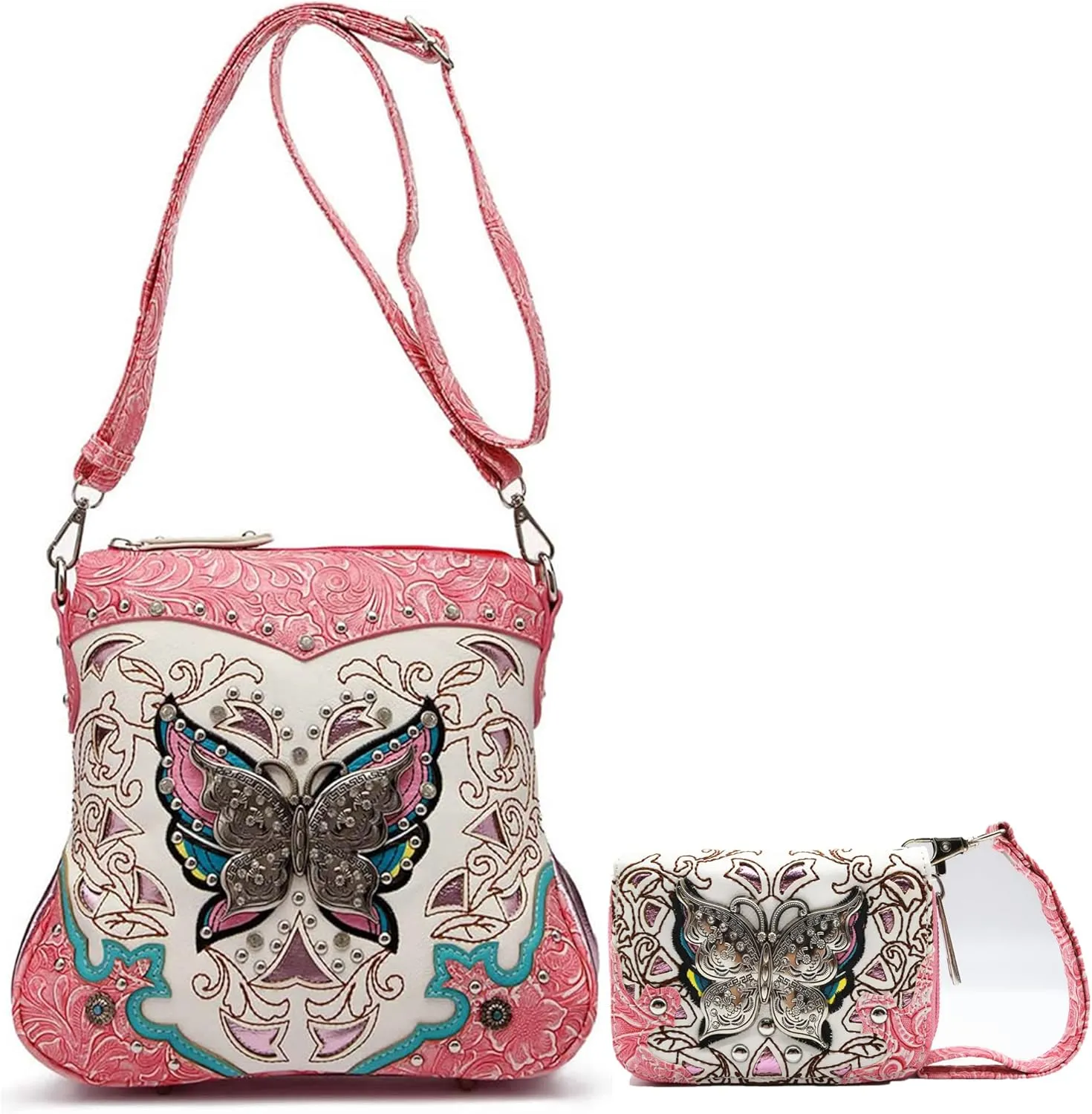 Butterfly Flower Springtime Purse Women Clutch Western CCW Rhinestone Crossbody Handbags With Mini Wallet