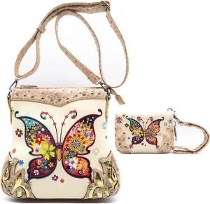 Butterfly Flower Springtime Purse Women Clutch Western CCW Rhinestone Crossbody Handbags With Mini Wallet
