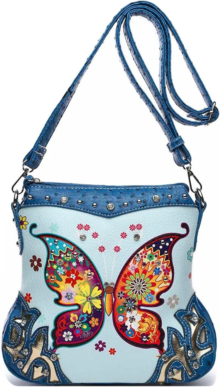 Butterfly Flower Springtime Purse Women Clutch Western CCW Rhinestone Crossbody Handbags With Mini Wallet
