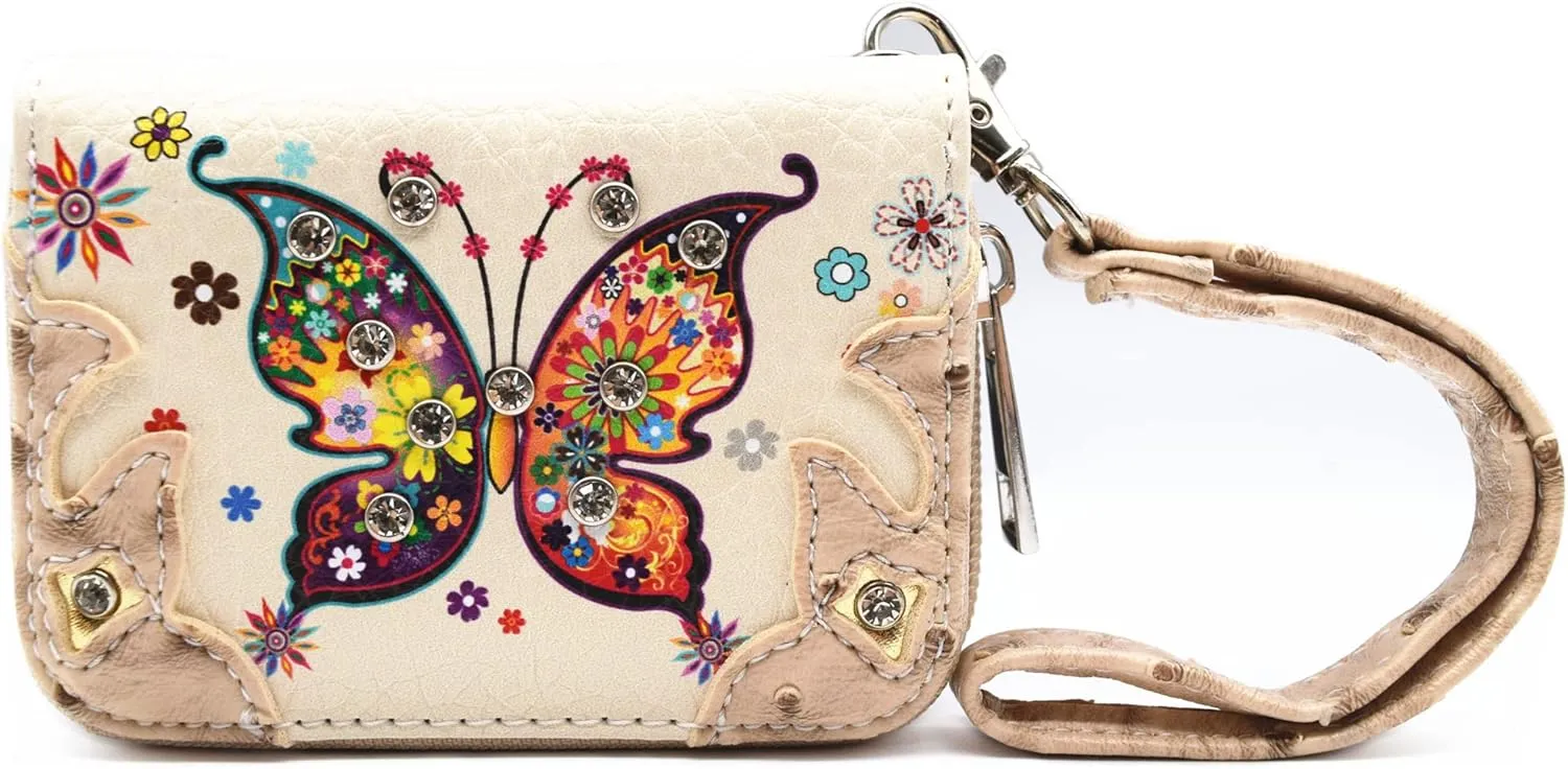 Butterfly Flower Springtime Purse Women Clutch Western CCW Rhinestone Crossbody Handbags With Mini Wallet