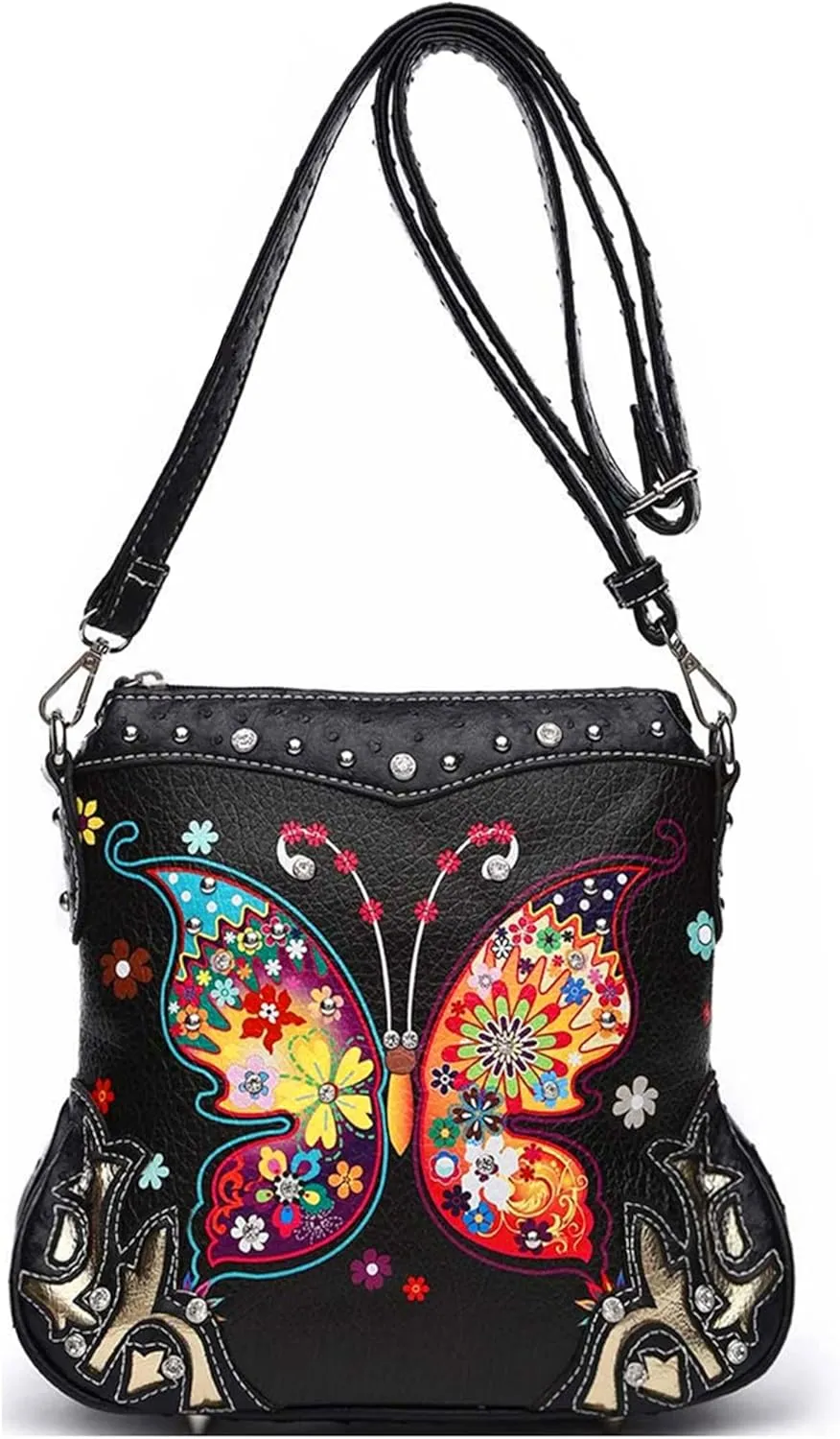 Butterfly Flower Springtime Purse Women Clutch Western CCW Rhinestone Crossbody Handbags With Mini Wallet