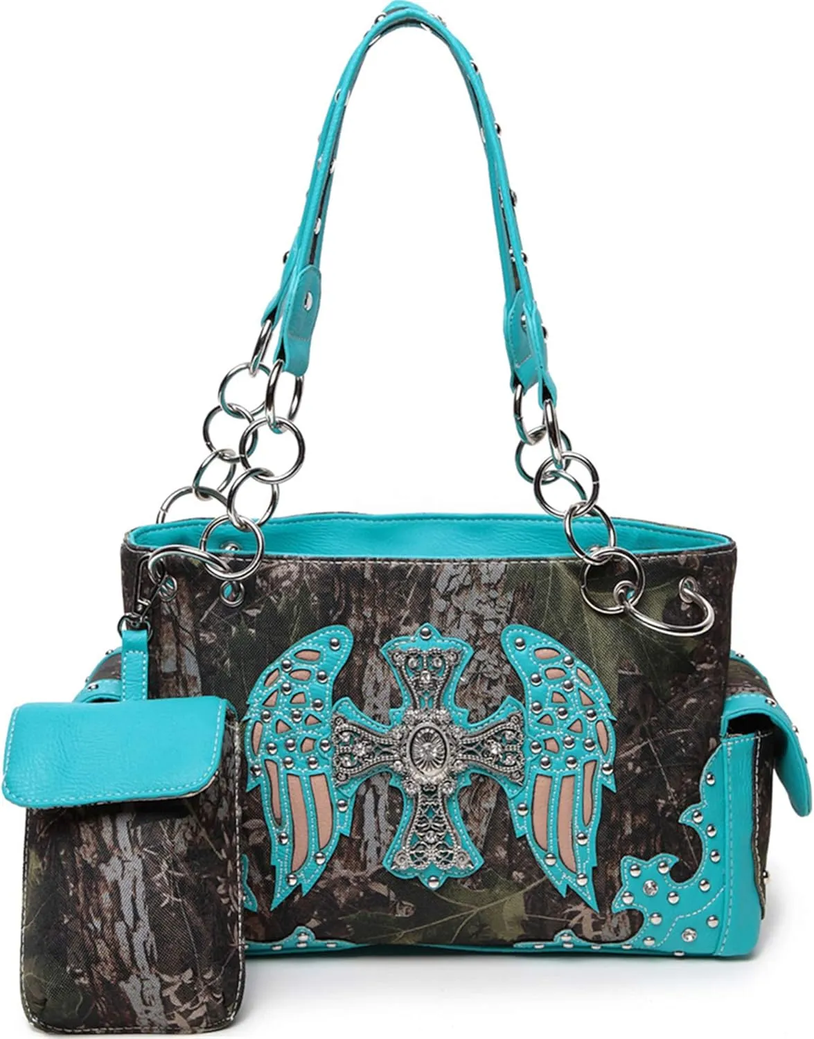Camouflage Cross Wings Western Style Studded Handbag Tooled Leather Purse Country Women Shoulder Bag Pouch Wallet Set
