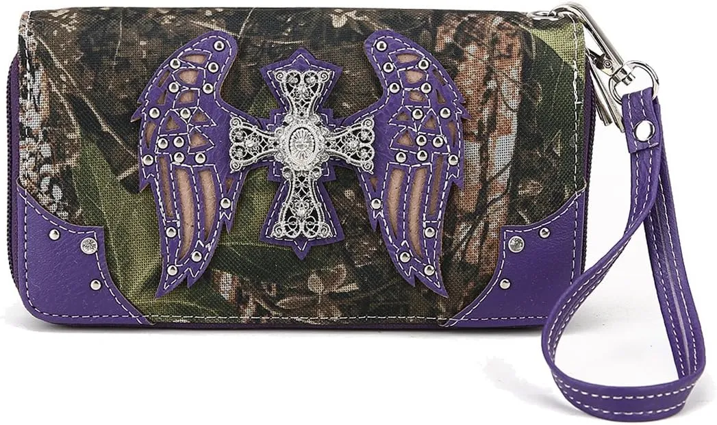 Camouflage Cross Wings Western Style Studded Handbag Tooled Leather Purse Country Women Shoulder Bag Pouch Wallet Set