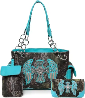 Camouflage Cross Wings Western Style Studded Handbag Tooled Leather Purse Country Women Shoulder Bag Pouch Wallet Set
