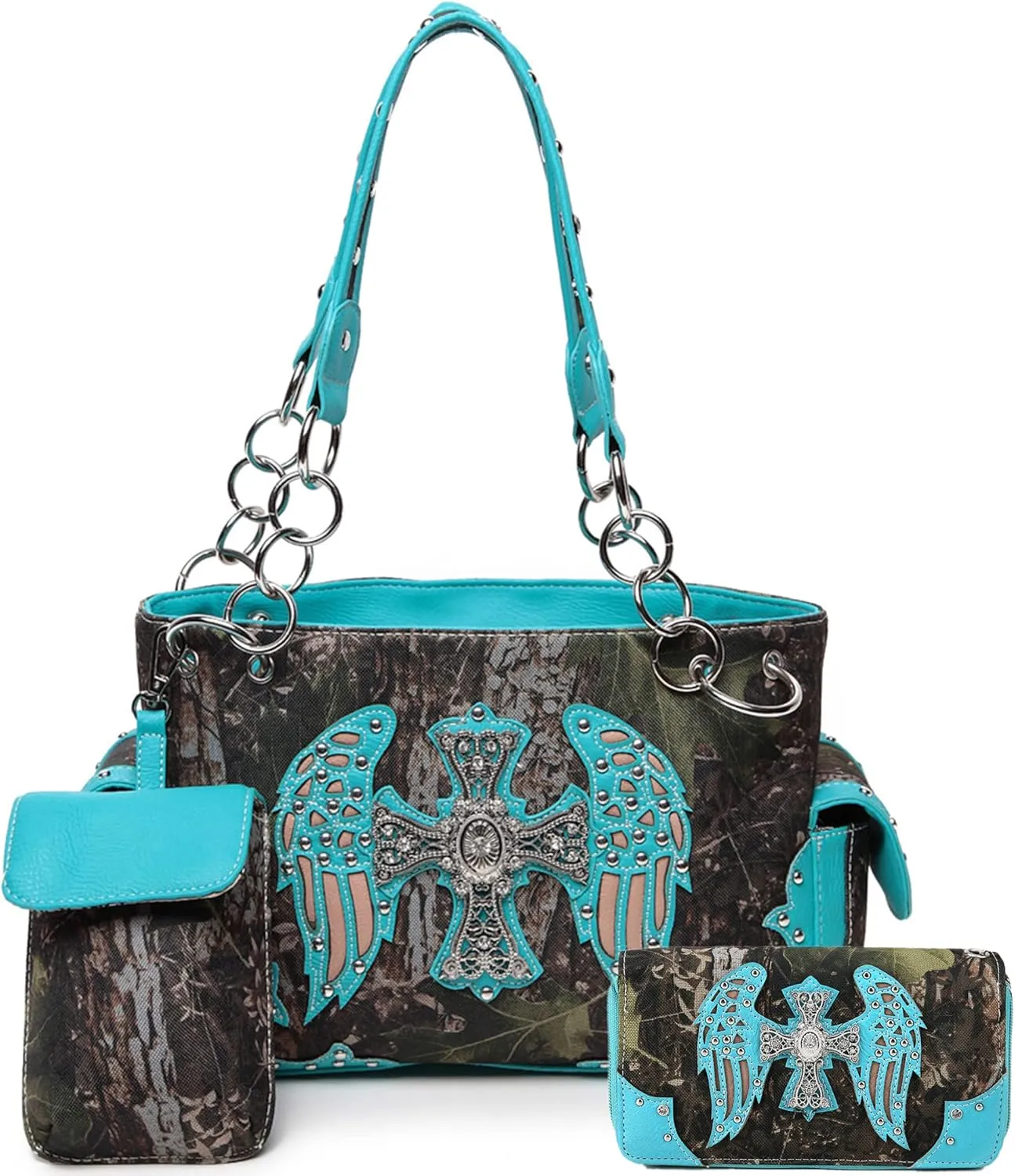 Camouflage Cross Wings Western Style Studded Handbag Tooled Leather Purse Country Women Shoulder Bag Pouch Wallet Set