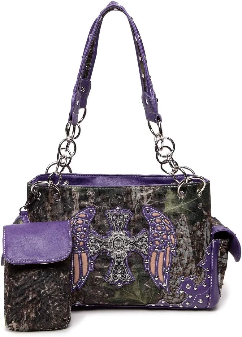 Camouflage Cross Wings Western Style Studded Handbag Tooled Leather Purse Country Women Shoulder Bag Pouch Wallet Set