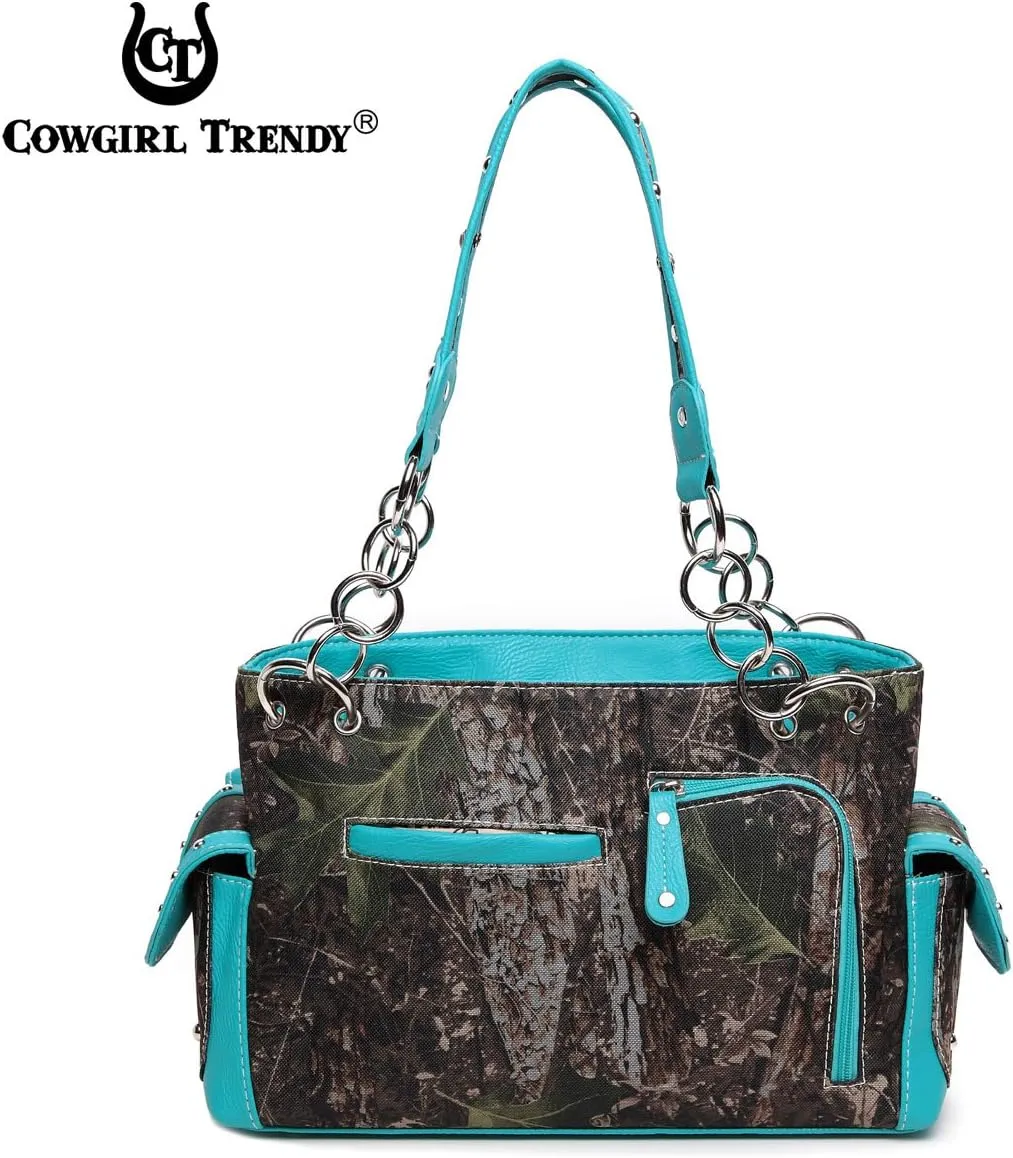 Camouflage Cross Wings Western Style Studded Handbag Tooled Leather Purse Country Women Shoulder Bag Pouch Wallet Set