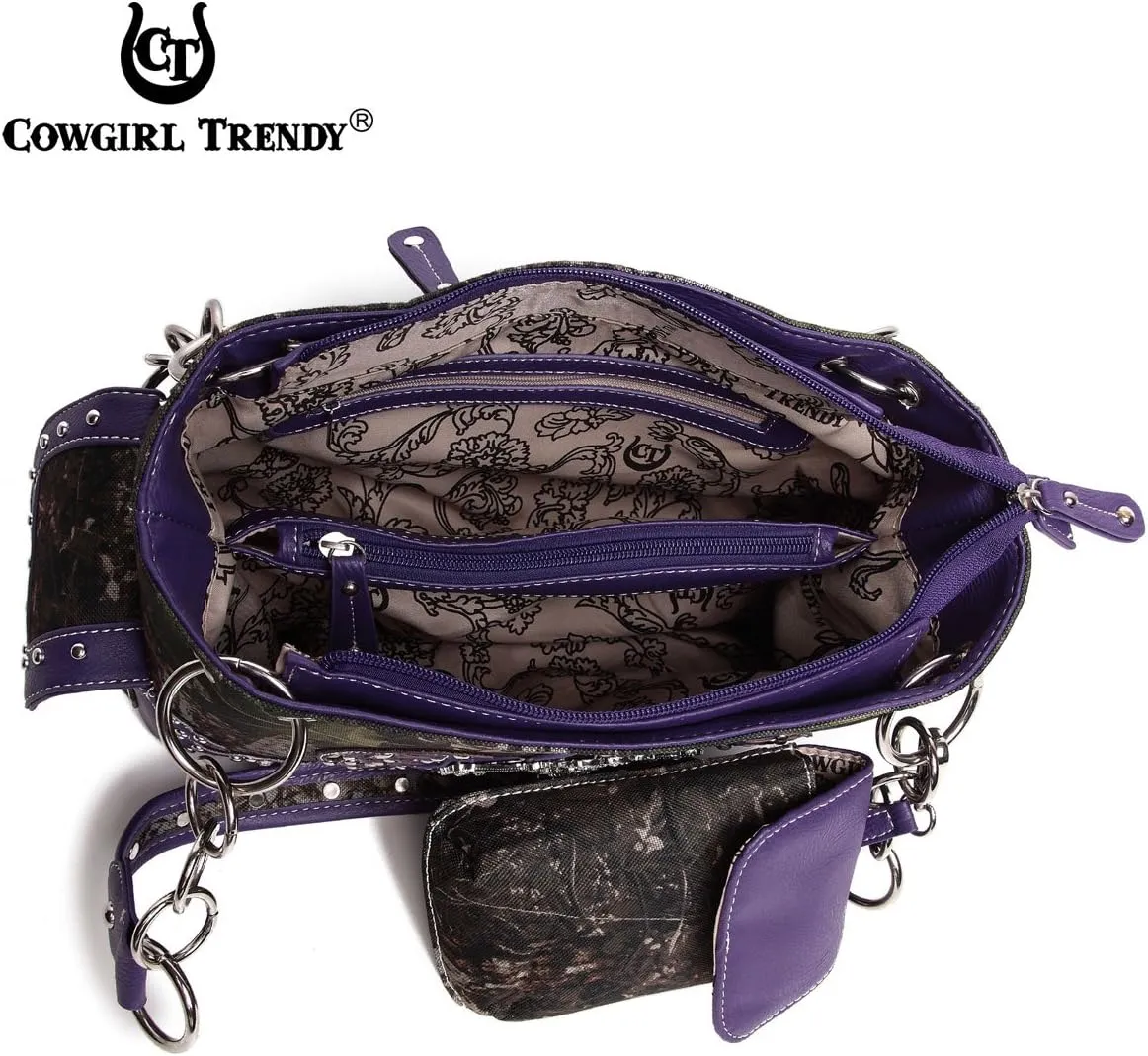 Camouflage Cross Wings Western Style Studded Handbag Tooled Leather Purse Country Women Shoulder Bag Pouch Wallet Set