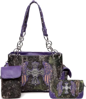 Camouflage Cross Wings Western Style Studded Handbag Tooled Leather Purse Country Women Shoulder Bag Pouch Wallet Set