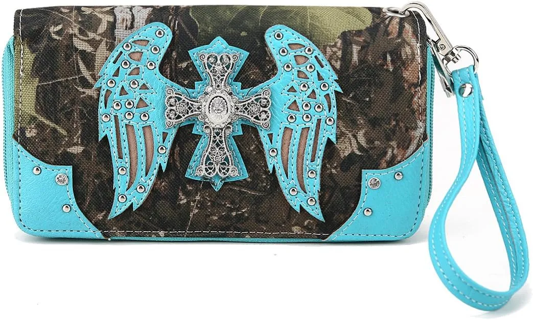 Camouflage Cross Wings Western Style Studded Handbag Tooled Leather Purse Country Women Shoulder Bag Pouch Wallet Set