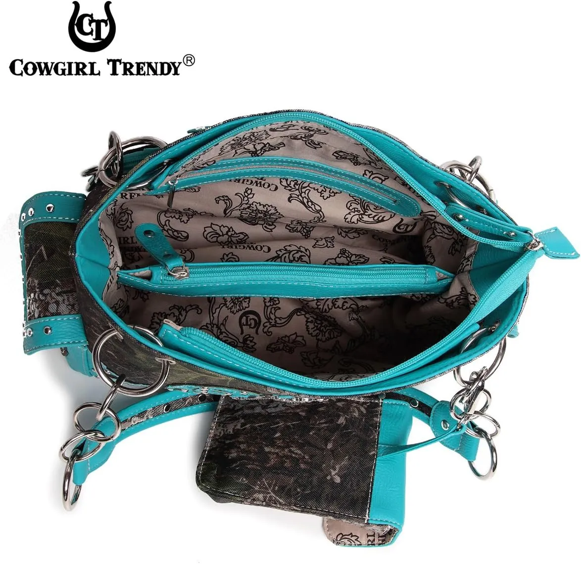 Camouflage Cross Wings Western Style Studded Handbag Tooled Leather Purse Country Women Shoulder Bag Pouch Wallet Set