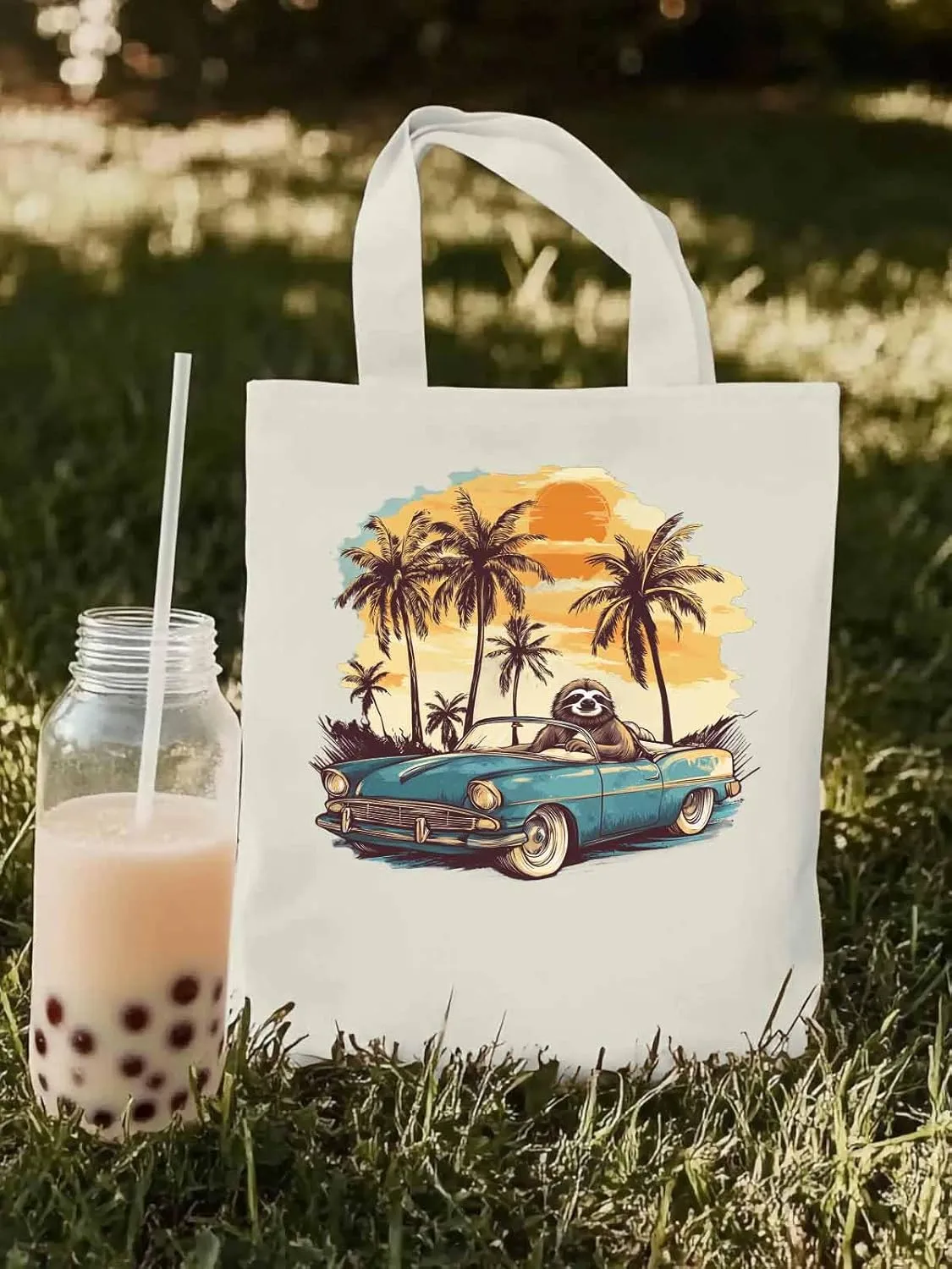 Canvas Tote Bag, Beach Sloth Driving Car Palm Tree patterned Canvas Tote Handbags for Women Shoulder Bag,