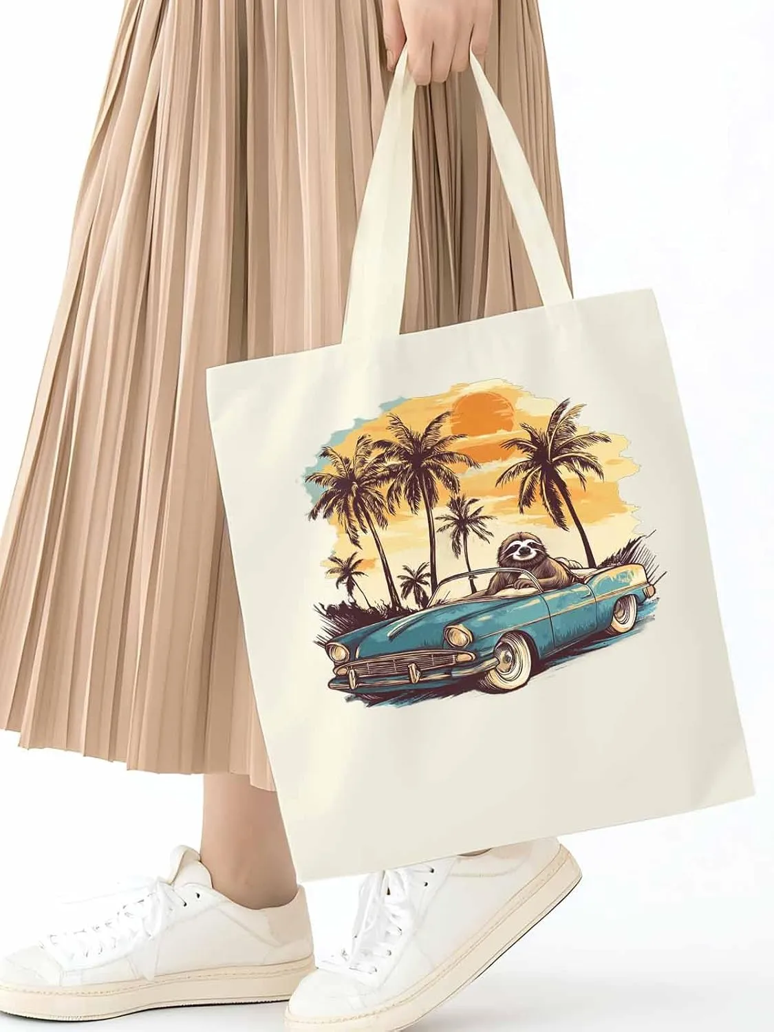 Canvas Tote Bag, Beach Sloth Driving Car Palm Tree patterned Canvas Tote Handbags for Women Shoulder Bag,