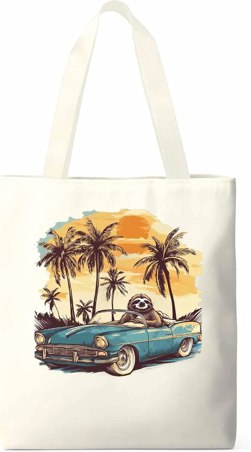 Canvas Tote Bag, Beach Sloth Driving Car Palm Tree patterned Canvas Tote Handbags for Women Shoulder Bag,