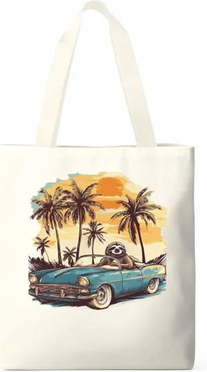 Canvas Tote Bag, Beach Sloth Driving Car Palm Tree patterned Canvas Tote Handbags for Women Shoulder Bag,