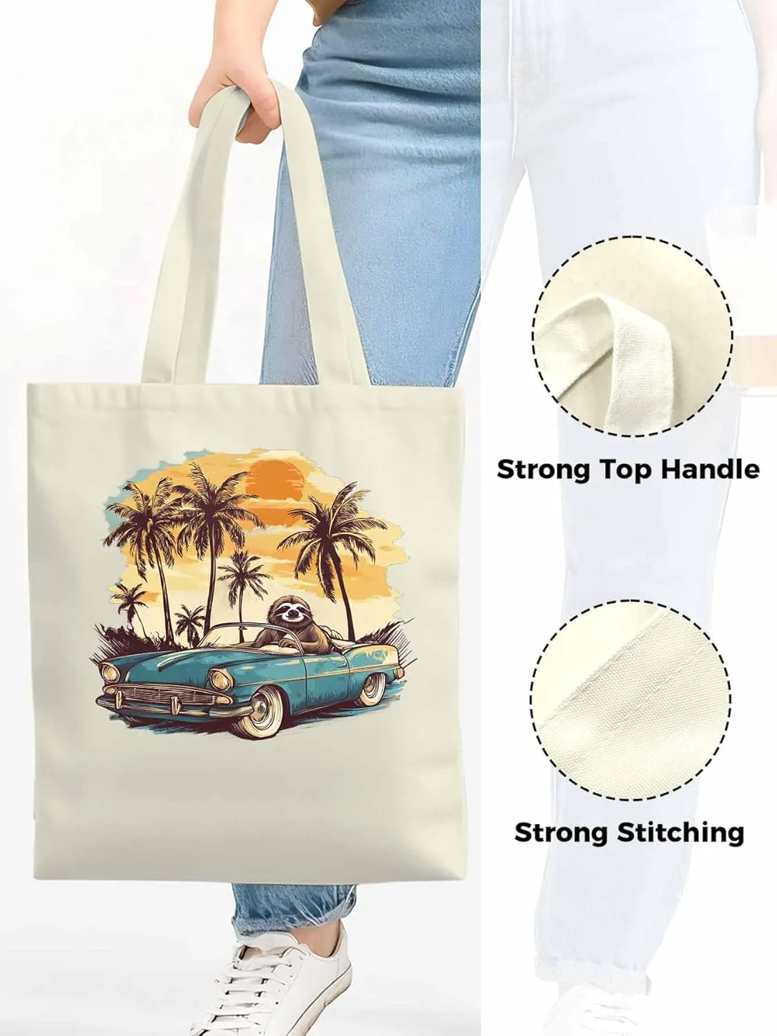 Canvas Tote Bag, Beach Sloth Driving Car Palm Tree patterned Canvas Tote Handbags for Women Shoulder Bag,