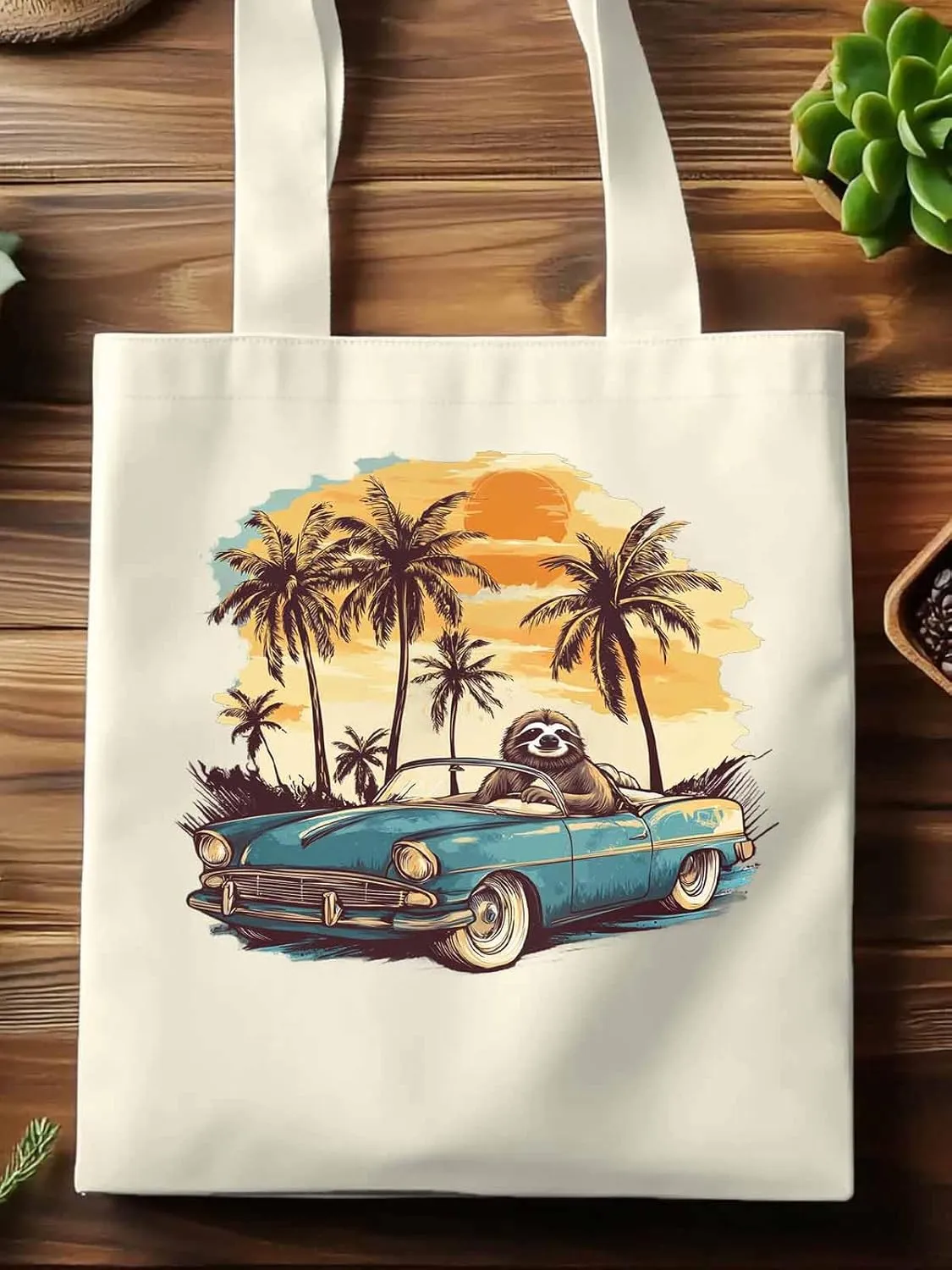 Canvas Tote Bag, Beach Sloth Driving Car Palm Tree patterned Canvas Tote Handbags for Women Shoulder Bag,