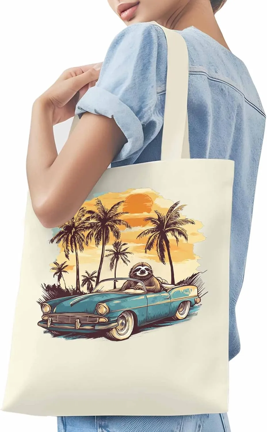 Canvas Tote Bag, Beach Sloth Driving Car Palm Tree patterned Canvas Tote Handbags for Women Shoulder Bag,