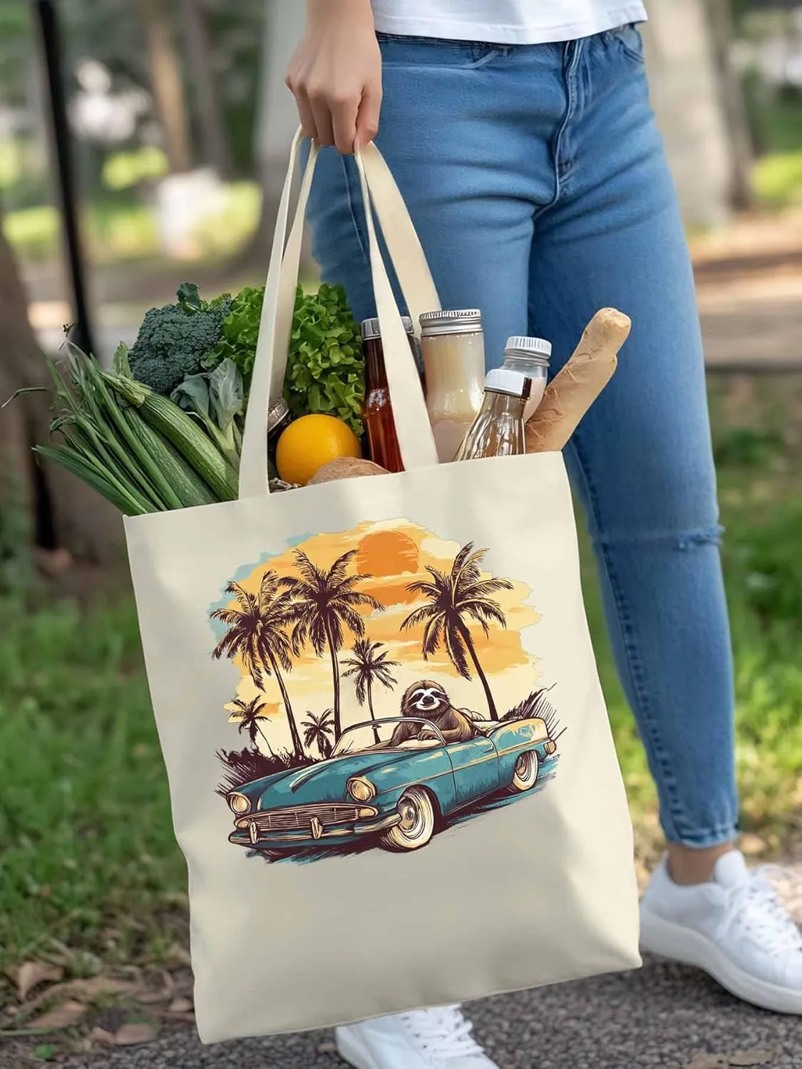 Canvas Tote Bag, Beach Sloth Driving Car Palm Tree patterned Canvas Tote Handbags for Women Shoulder Bag,