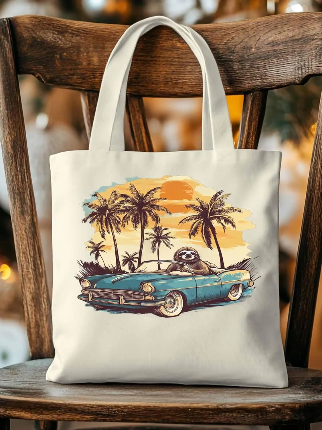 Canvas Tote Bag, Beach Sloth Driving Car Palm Tree patterned Canvas Tote Handbags for Women Shoulder Bag,