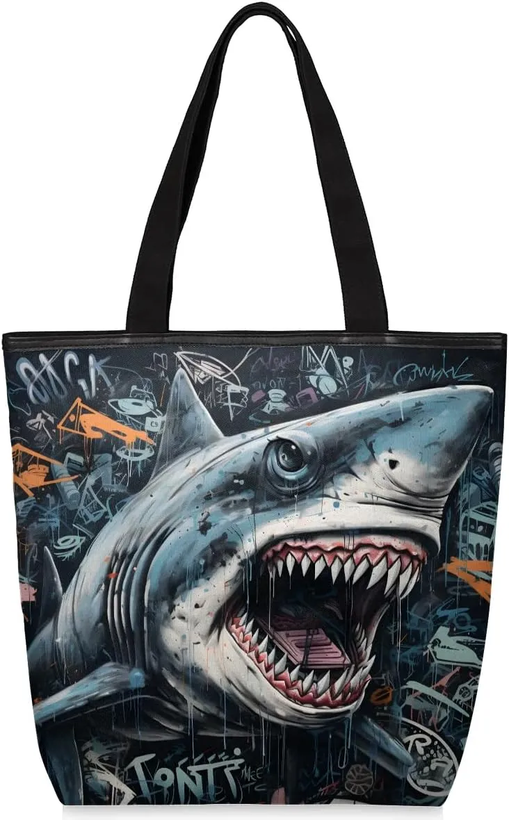 Canvas Tote Bag for Women Men Doodle Vicious Shark Canvas Handbag Shoulder Tote Bag with Zipper Closure Reusable Grocery Bag Shopping Cloth Bag with Handles for Beach Gym Picnic Work