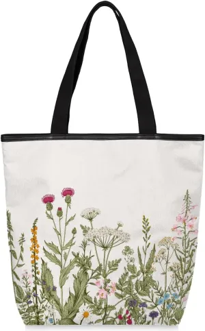 Canvas Tote Bag for Women Men Herbaceous Plants Leaves Flowers Canvas Handbag Shoulder Tote Bag with Zipper Closure Reusable Grocery Bag Shopping Cloth Bag with Handles for Beach Gym Picnic Work