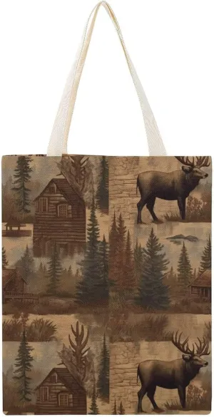 Canvas Tote Bag, Rustic Lodge Bear Moose Print Canvas Shoulder Bag Trendy Tote Bag All-purpose Tote Bag Reusable Market Bag