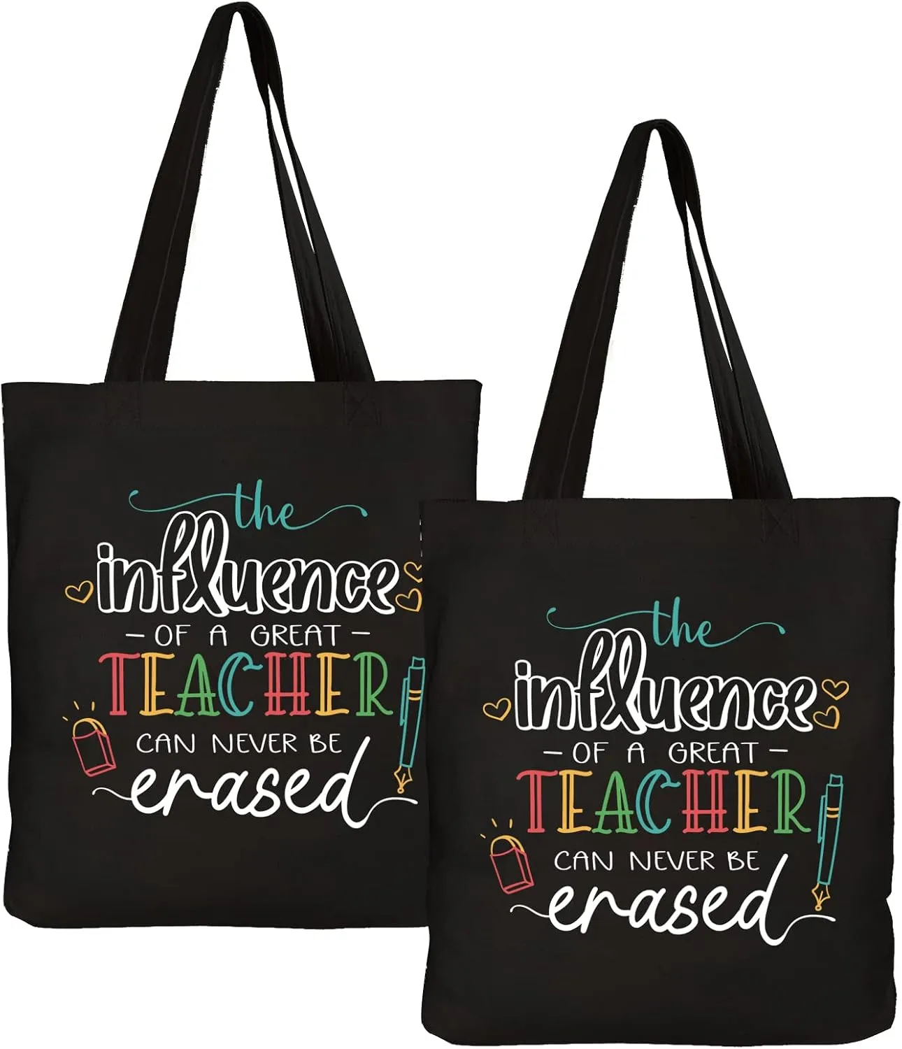 CARAKNOTS Teacher Bag Teacher Gifts for Women Valentines Day Appreciation Week Thank you Birthday Graduation Christmas Retirement Canvas Shoulder Tote Bag with Pocket Set of 2