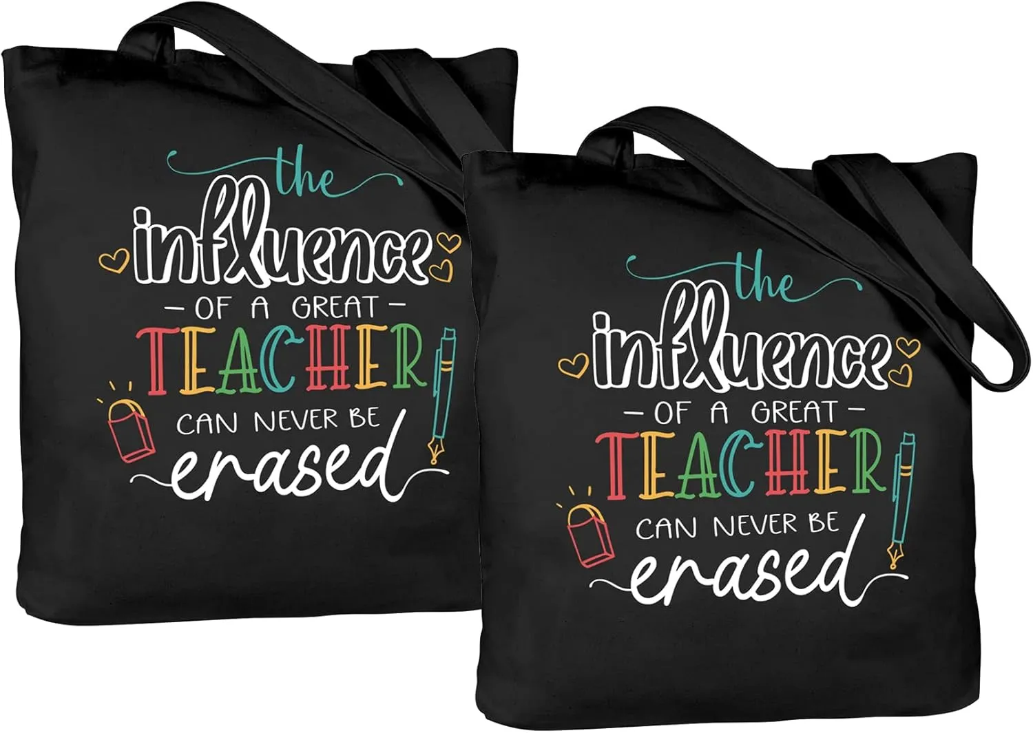 CARAKNOTS Teacher Bag Teacher Gifts for Women Valentines Day Appreciation Week Thank you Birthday Graduation Christmas Retirement Canvas Shoulder Tote Bag with Pocket Set of 2