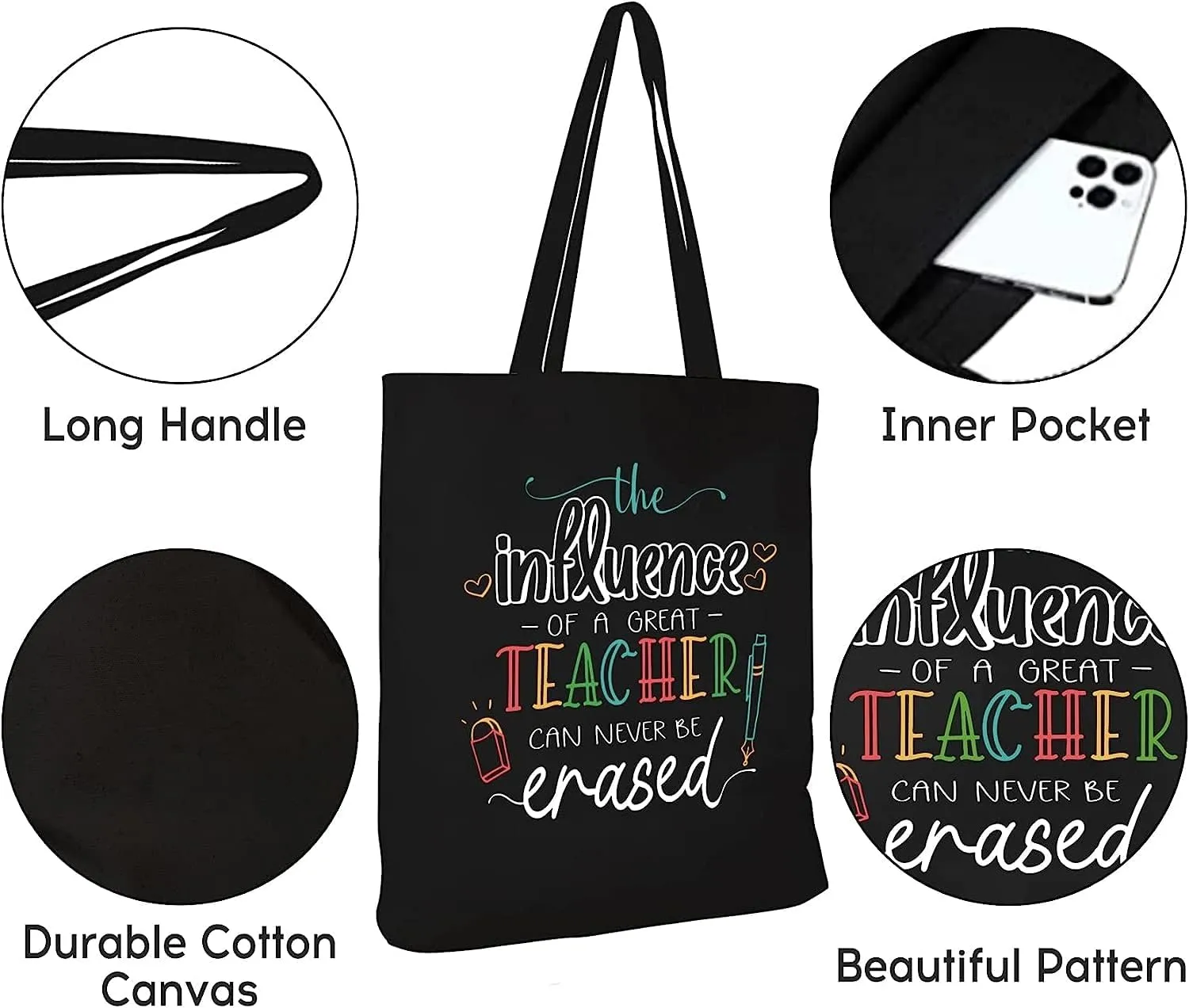 CARAKNOTS Teacher Bag Teacher Gifts for Women Valentines Day Appreciation Week Thank you Birthday Graduation Christmas Retirement Canvas Shoulder Tote Bag with Pocket Set of 2