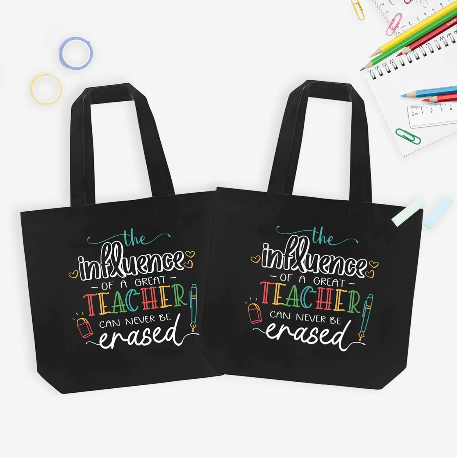 CARAKNOTS Teacher Bag Teacher Gifts for Women Valentines Day Appreciation Week Thank you Birthday Graduation Christmas Retirement Canvas Shoulder Tote Bag with Pocket Set of 2