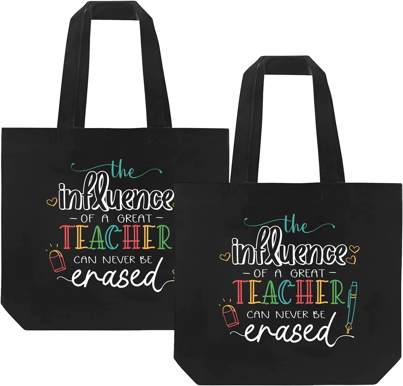 CARAKNOTS Teacher Bag Teacher Gifts for Women Valentines Day Appreciation Week Thank you Birthday Graduation Christmas Retirement Canvas Shoulder Tote Bag with Pocket Set of 2