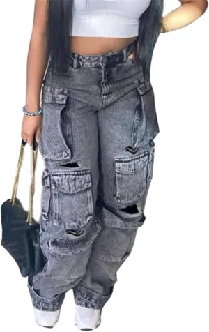 Cargo Jeans for Women Y2K High Waisted Baggy Jeans Straight Wide Leg Cargo Pants Streetwear