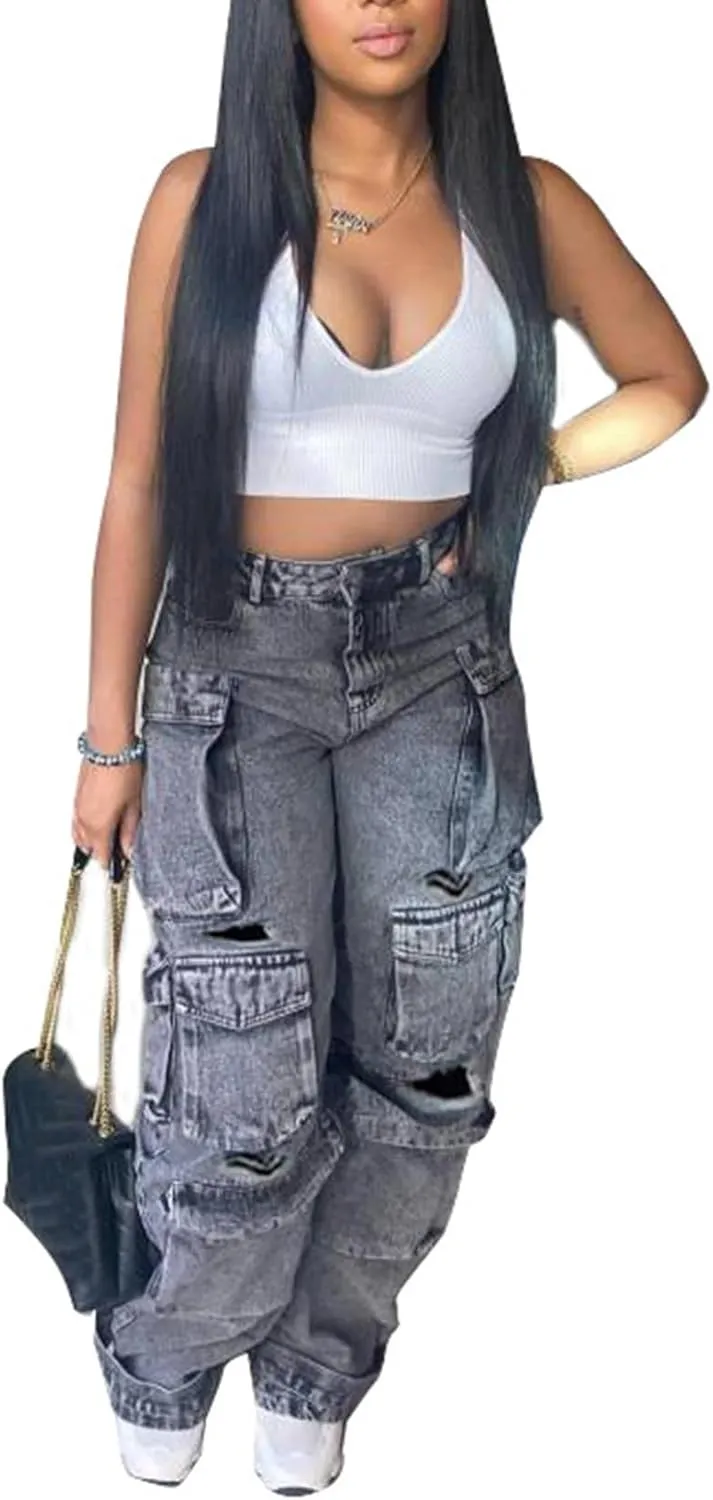 Cargo Jeans for Women Y2K High Waisted Baggy Jeans Straight Wide Leg Cargo Pants Streetwear