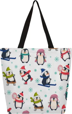 Cartoon Penguins Skiing Large Capacity Canvas Tote Bag Stylish Handheld Shoulder Bag Reusable Shopping Bag for Work Travel Beach Trips Shopping