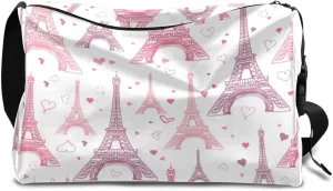 Cartoon Pink Tower Small Gym Bag for Men Women Workout Sport Duffle Bag Waterproof Weekender Overnight Bag Lightweight Carry on Tote Bag Crossbody Shoulder Travel Bag for Swim Yoge Dance