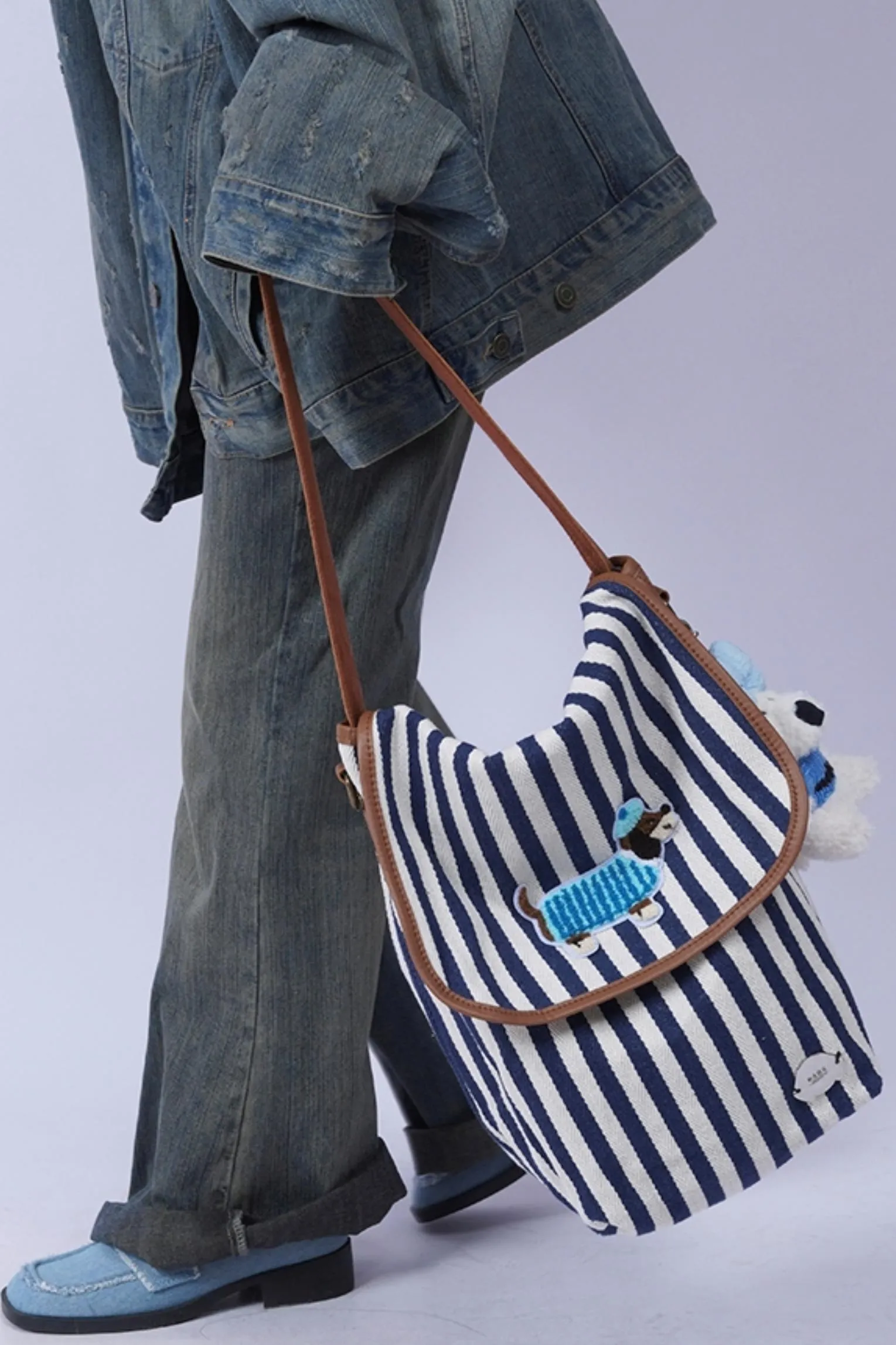 Casual Striped Leather Shoulder Bag