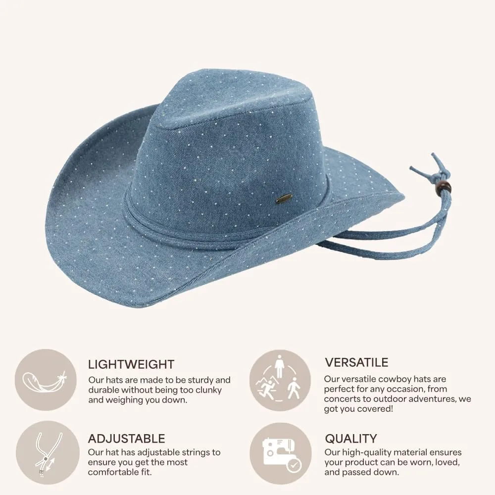 C.C All Over Rhinestone Denim Cowboy Hat with Chinstraps for Women