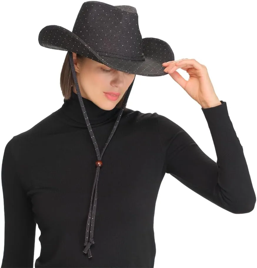 C.C All Over Rhinestone Denim Cowboy Hat with Chinstraps for Women