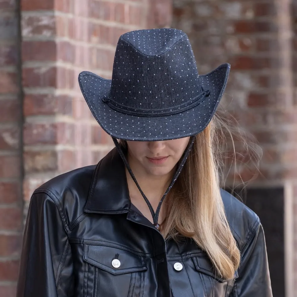 C.C All Over Rhinestone Denim Cowboy Hat with Chinstraps for Women