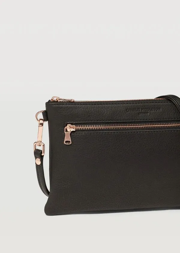 CHARLIE MIDDLETON  Black Nappa Dual Zip Crossbody Bag - Gold