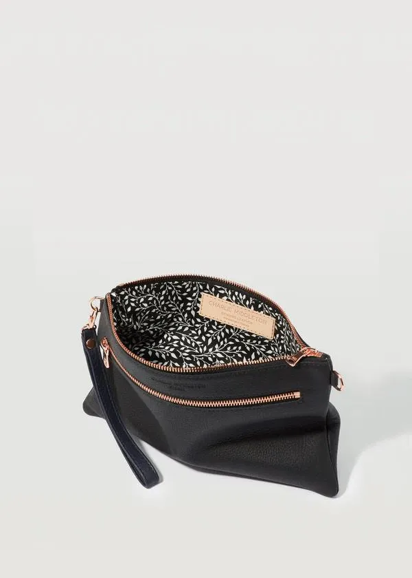 CHARLIE MIDDLETON  Black Nappa Dual Zip Crossbody Bag - Gold