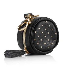 Chelsea   Cole for Itzy Ritzy Studded Pacifier Case with Clip; Pacifier Charm Pod Includes Clasp, Measures 2.5" in Diameter & Holds 2 Pacifiers; Black with Sweetheart Print Interior and Gold Hardware